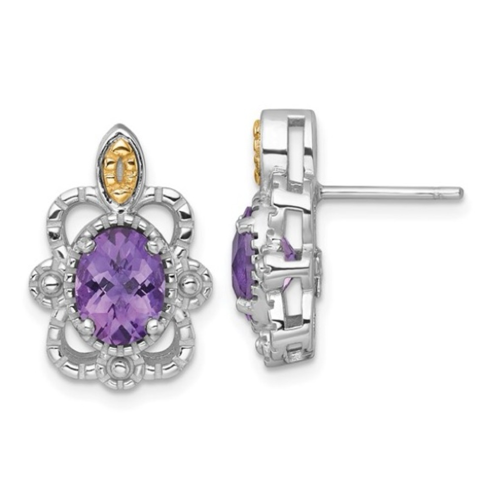 Vintage Style Sterling Silver & 14K Gold Oval Amethyst Earrings